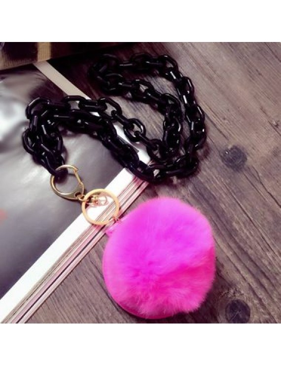 Metal Chain Pink Furry Ball Pendant Sweater Necklace