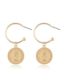 Coin Pendant Gold Metal Character Design Earring Set