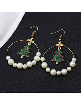 Christmas Tree and Faux Pearl Pendant Gold Metal Earrings