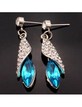 Rhinestone Decorated Silver Metal Blue Earrings