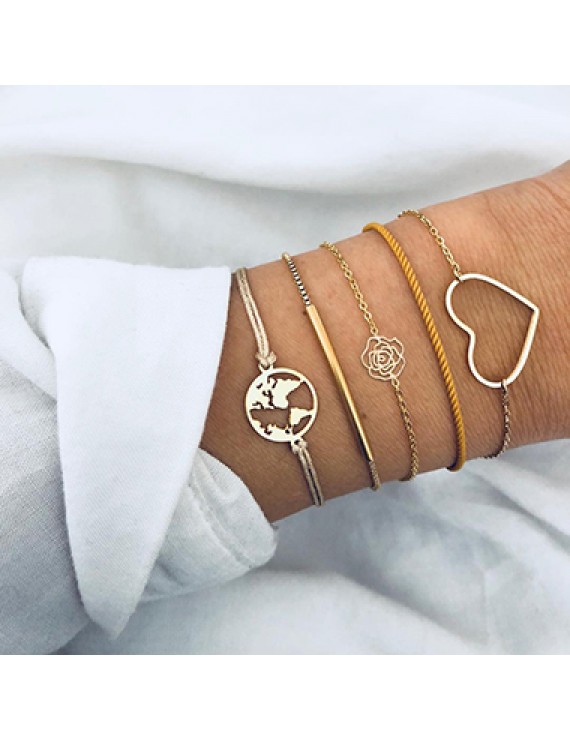 Gold Metal Heart and Flower Shape Bracelet Set for Women