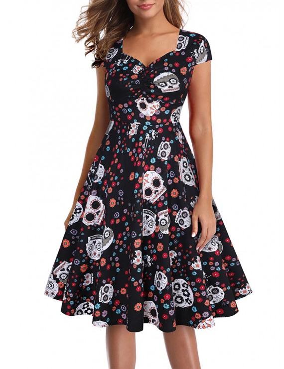 Halloween Skull Ruched Party Dress -  S