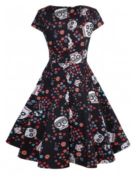 Halloween Skull Ruched Party Dress -  S