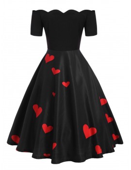 Off The Shoulder Valentines Day Heart Print Dress - Black M