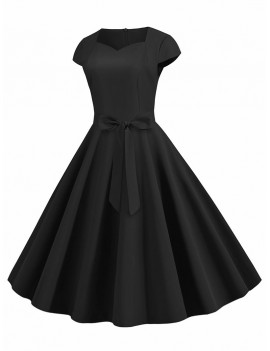 Sweetheart Neck Vintage Fit and Flare Dress - Black M