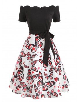 Vintage Scalloped Butterfly Print Dress - Black L