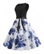 Flower Print Belted Knee Length Vintage Dress - Blue L
