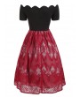 Scalloped Lace Insert Short Sleeve Vintage Dress - Red S