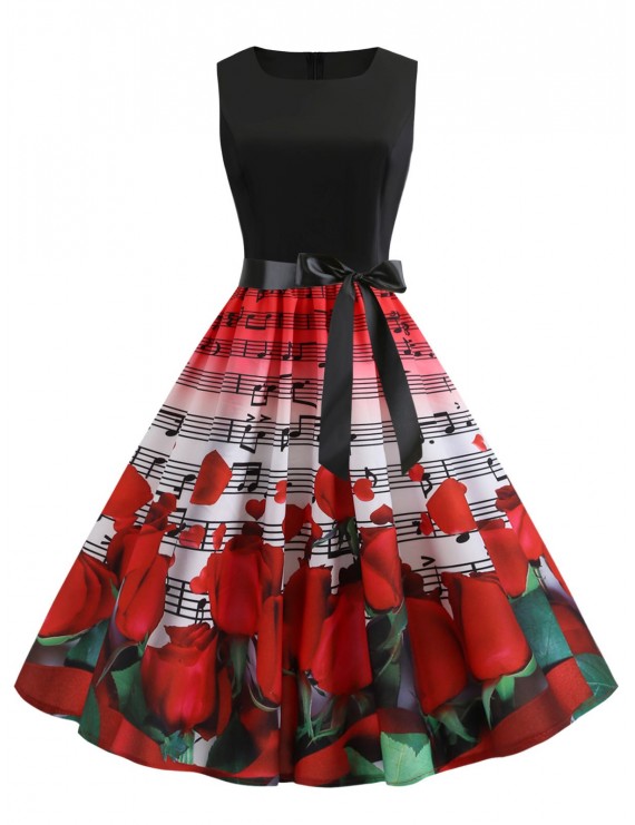 Rose Print Vintage A Line Dress - Rosso Red 2xl
