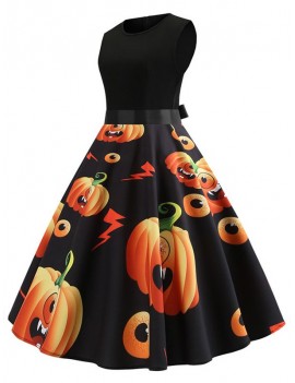 Pumpkin Print Belted Halloween A Line Dress -  L