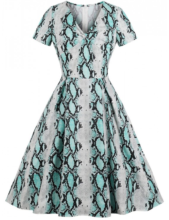 Vintage Snakeskin Print Fit and Flare Dress -  M