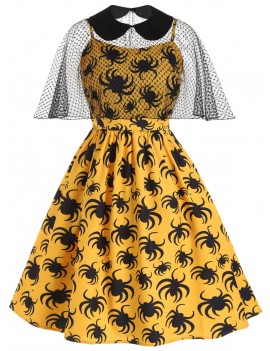 Halloween Spider Print Cami Dress and Collared Mesh Poncho - Orange Gold L