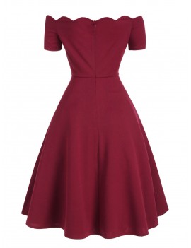 Scalloped Off The Shoulder Flare Dress - Red Wine Xl