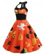 Pumpkin Ghost Buttons Halloween Halter Dress - Halloween Orange M