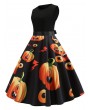 Pumpkin Print Belted Halloween A Line Dress -  L
