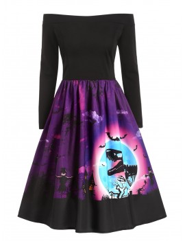 Dinosaur Bat Print Off Shoulder Halloween Dress - Dark Orchid S