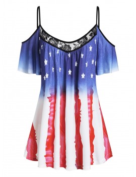 American Flag Lace Panel Open Shoulder Tee - Blue M