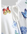 Butterfly Print Lace Sleeves Keyhole T-shirt -  S