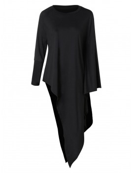 Solid Color Raglan Sleeve Irregular Hem T-shirt - Black M