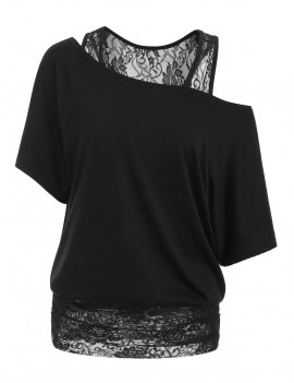 Scoop Neck Lace Panel Casual Tee - Black Xl