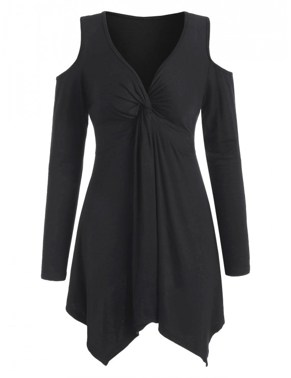 Knotted Cold Shoulder Mini Dress - Black Xl