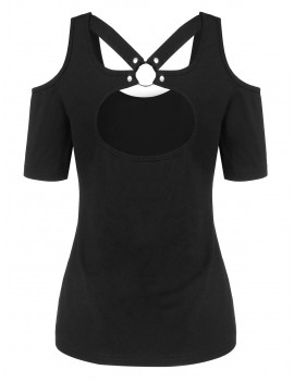 O-ring Cut Out Open Shoulder Tee - Black 2xl