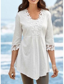 Women's Lace Stitching Irregular T-shirt - White L