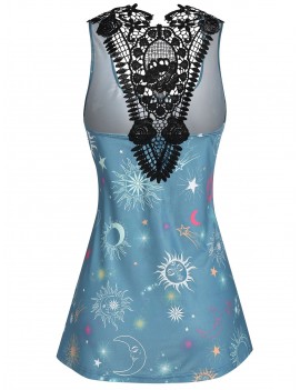 Flare Printed Lace Panel Tank Top - Dark Turquoise M