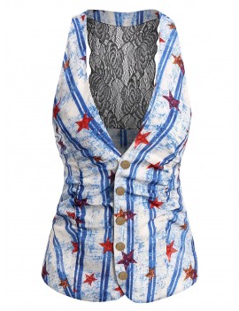 Plunge Lace Panel American Flag Tank Top - Blue M