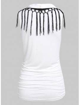 Two Tone Ruched Tassels Tank Top - White L