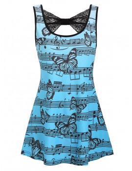 Musical Note Butterfly Print Lace Tank Top - Turquoise S