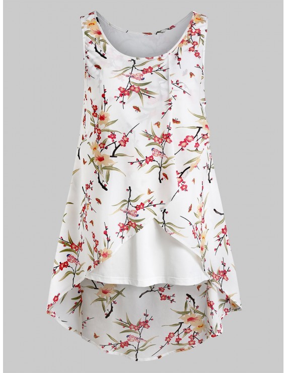 Floral Print High Low Overlay Tank Top - White M