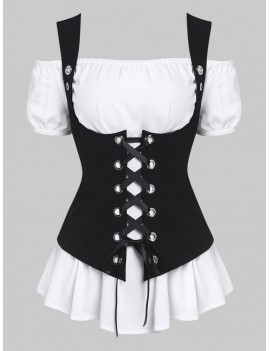 A Line Blouse and Lace-up Waistcoat Set - White M