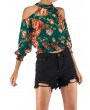 Womens Floral Print Cut Out Shoulder 3/4 Sleeve Chiffon T Shirt Tops Blouse - Green M