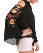 Embroidery Floral Cold Shoulder Blouse - Black L