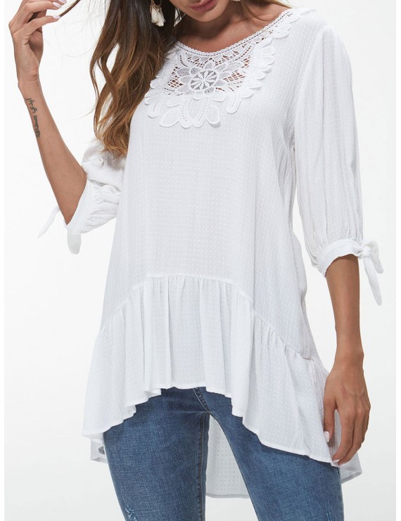 Lace Insert Knotted Sleeve Flounce Blouse - White Xl