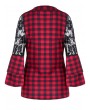 Bell Sleeve Lace Panel Plaid Blouse -  M