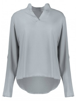 Simple Style Solid Color V-Neck 3/4 Sleeve Chiffon Blouse For Women - Gray M