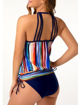 Strappy Back Multicolor Striped Tankini Set