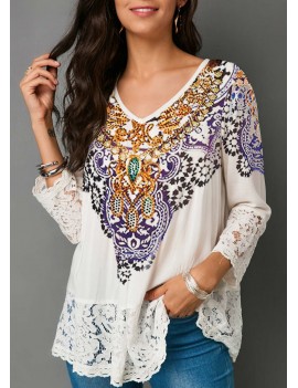 Three Quarter Sleeve Lace Patchwork White Blouse