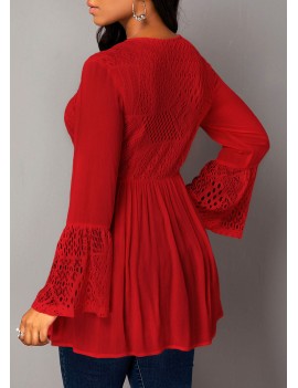 Lace Panel Button Detail Flare Cuff Blouse