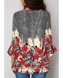 Button Up Pleated Printed Three Quarter Sleeve Blouse