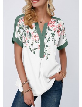 Floral Print Notch Neck Contrast Piping Blouse