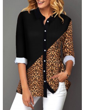 Button Up Leopard Print Contrast Panel Shirt