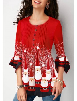 Flare Cuff Christmas Print Crinkle Chest Blouse