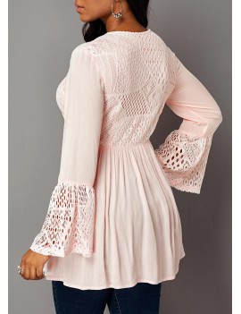 Lace Panel Flare Sleeve Button Up Blouse