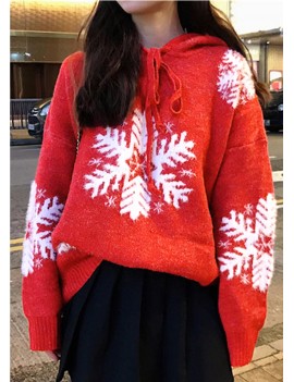 Christmas Hooded Collar Snowflake Pattern Pullover Sweater