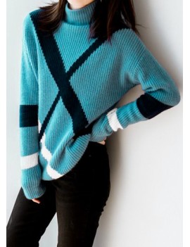 Stripe Pattern Blue Mock Neck Ribbed Sweater