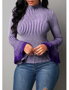 Flare Sleeve Stripe Pattern High Neck Sweater