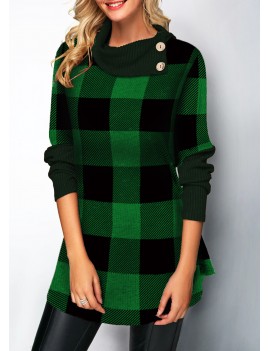 Plaid Pattern Button Detail Long Sleeve Sweater